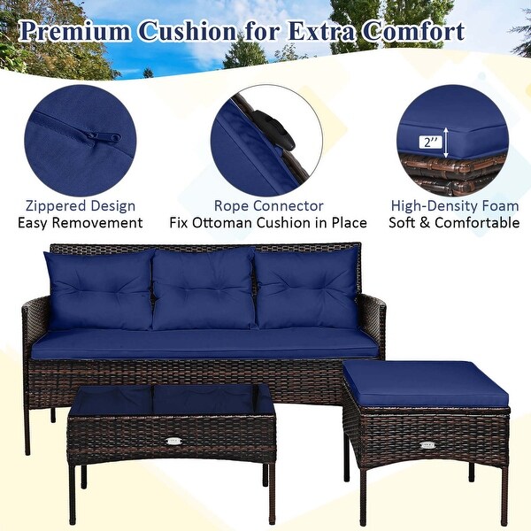 Costway 3PCS Patio Rattan Furniture Set 3Seat Sofa Cushioned Table
