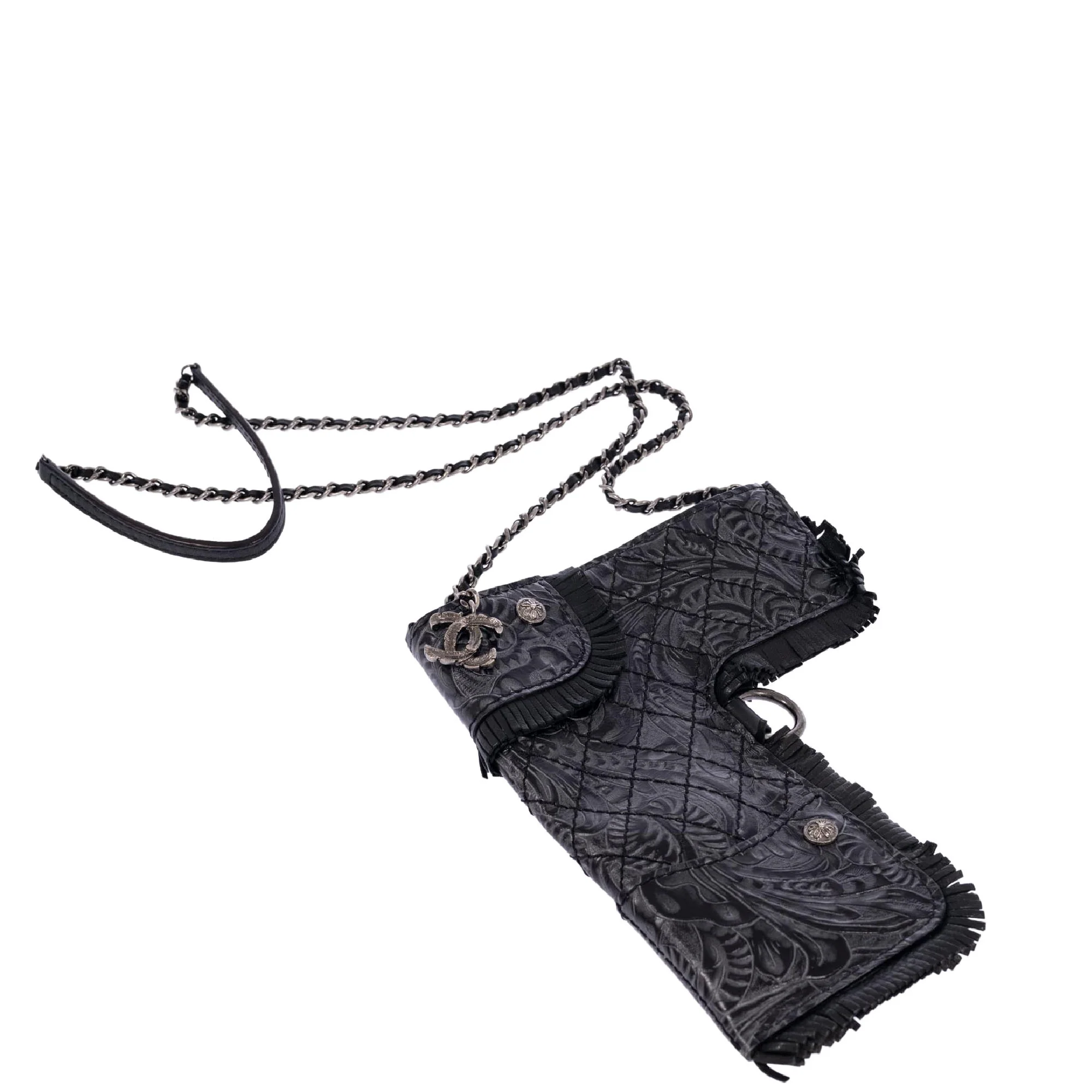 Vintage Chanel Rare Limited Fringe Black Embossed Gun Holster Crossbody Bag