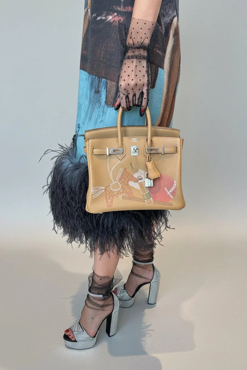 Hermès In and Out Birkin 25 Biscuit Printed Swift Palladium Hardware