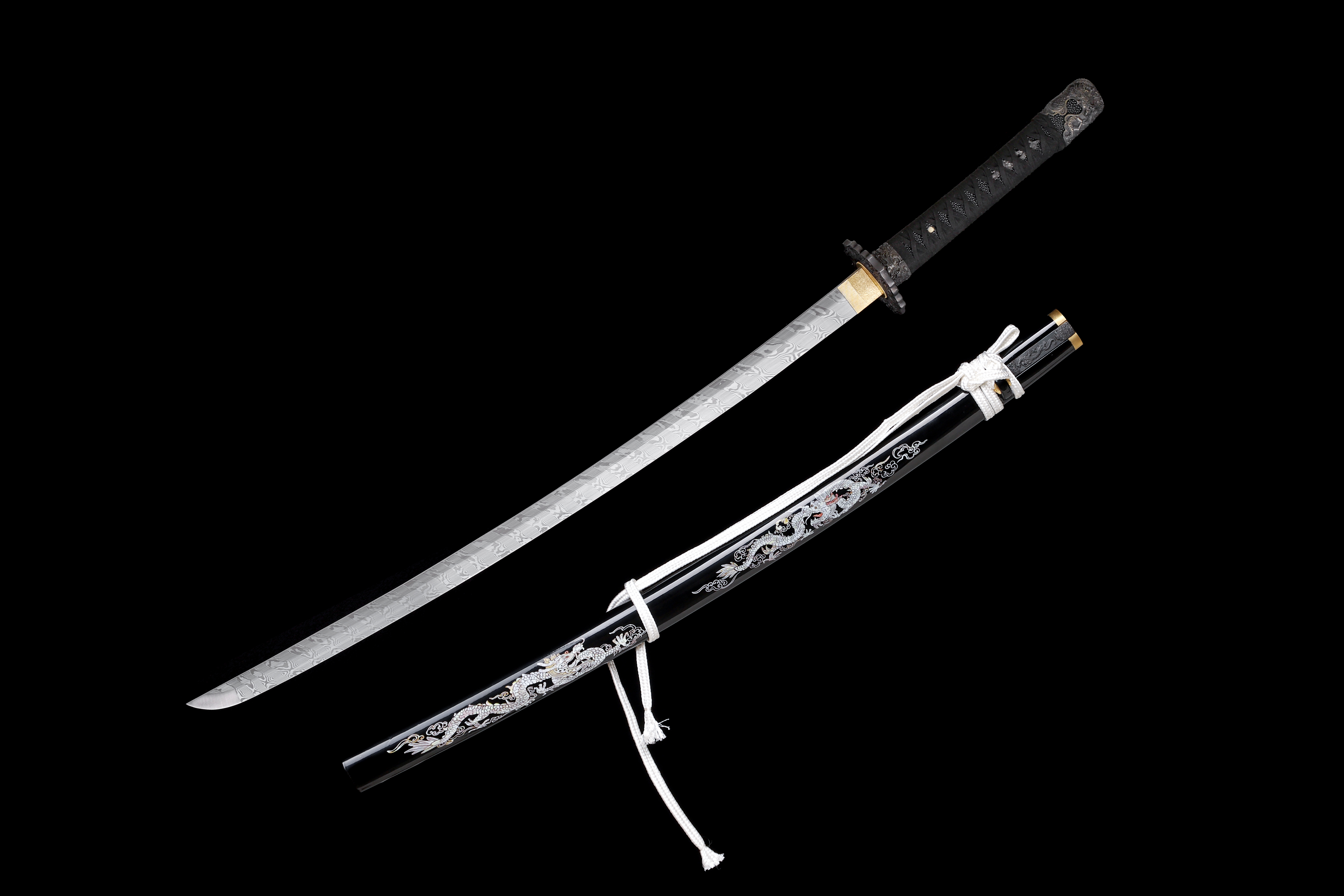 Handmade Katana Damascus Twisted Steel Silver Dragon Kozuka Kogai
