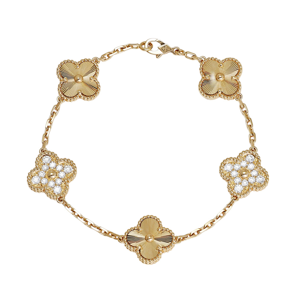 Van Cleef & Arpels Vintage Alhambra 5 Motifs Bracelet 18K Yellow Gold Diamond VCARP4KN00