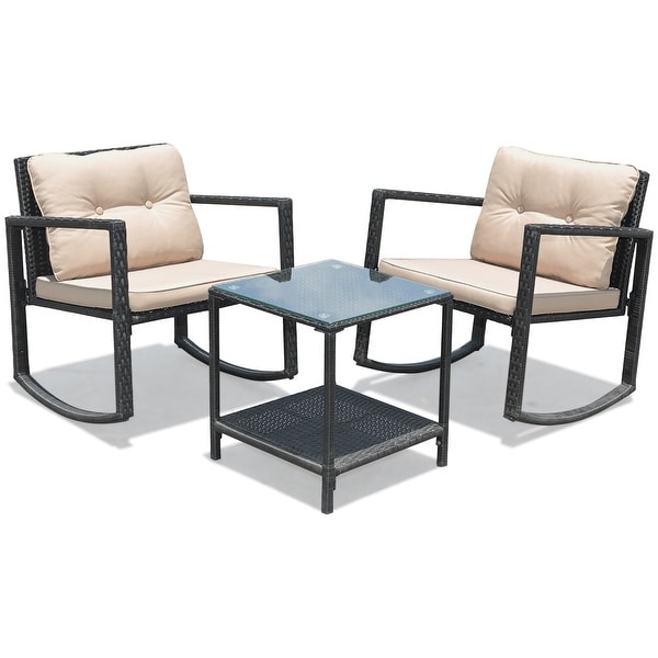 Costway 3PC Patio Rattan Conversation Set Rocking Chair Cushioned Sofa