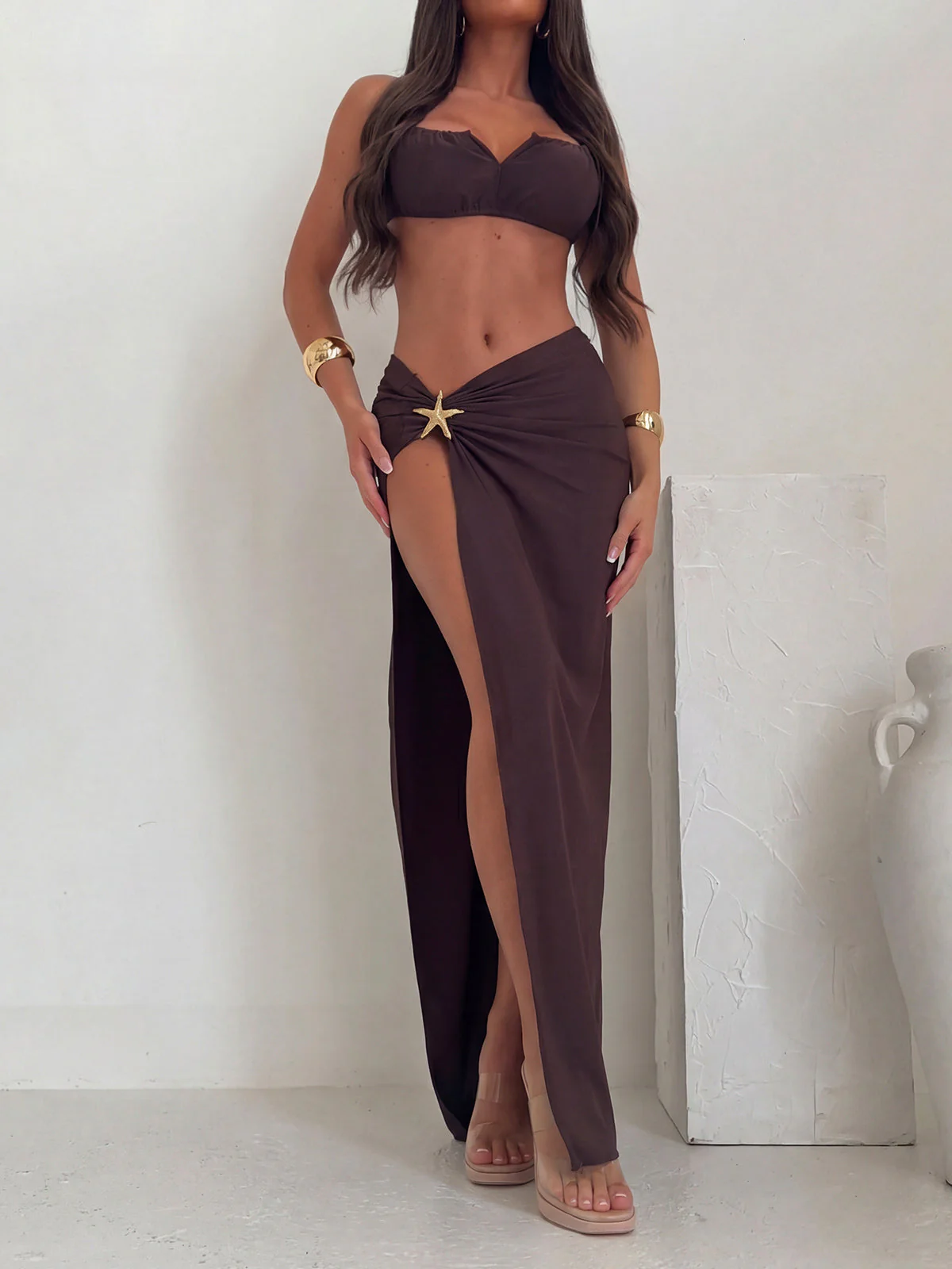 Ruched Starfish Bikini Set & High Slit SkirtClistos