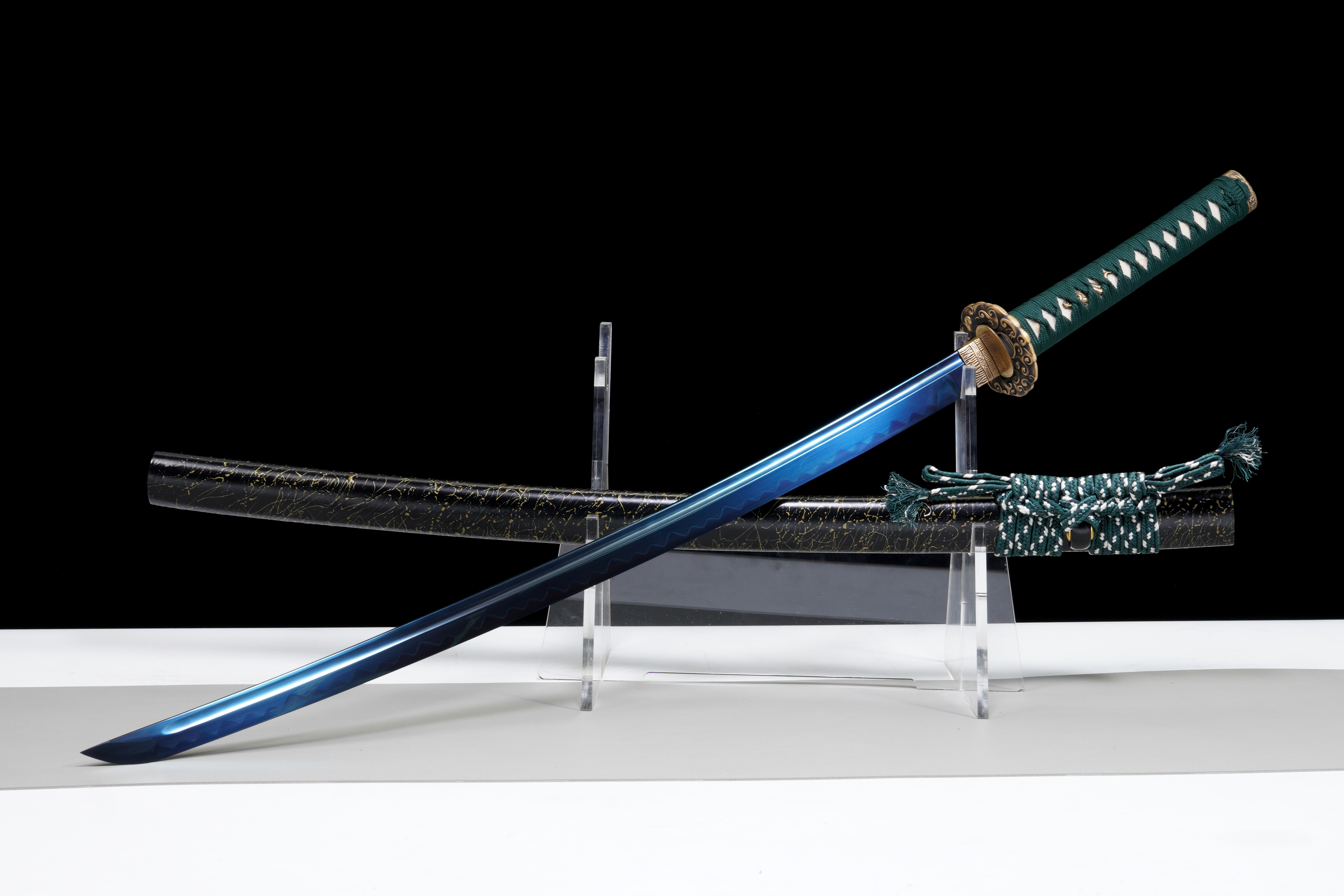 Handmade Katana T10 Steel Clay Tempered Blue Blade Azure Cloud Full Tang