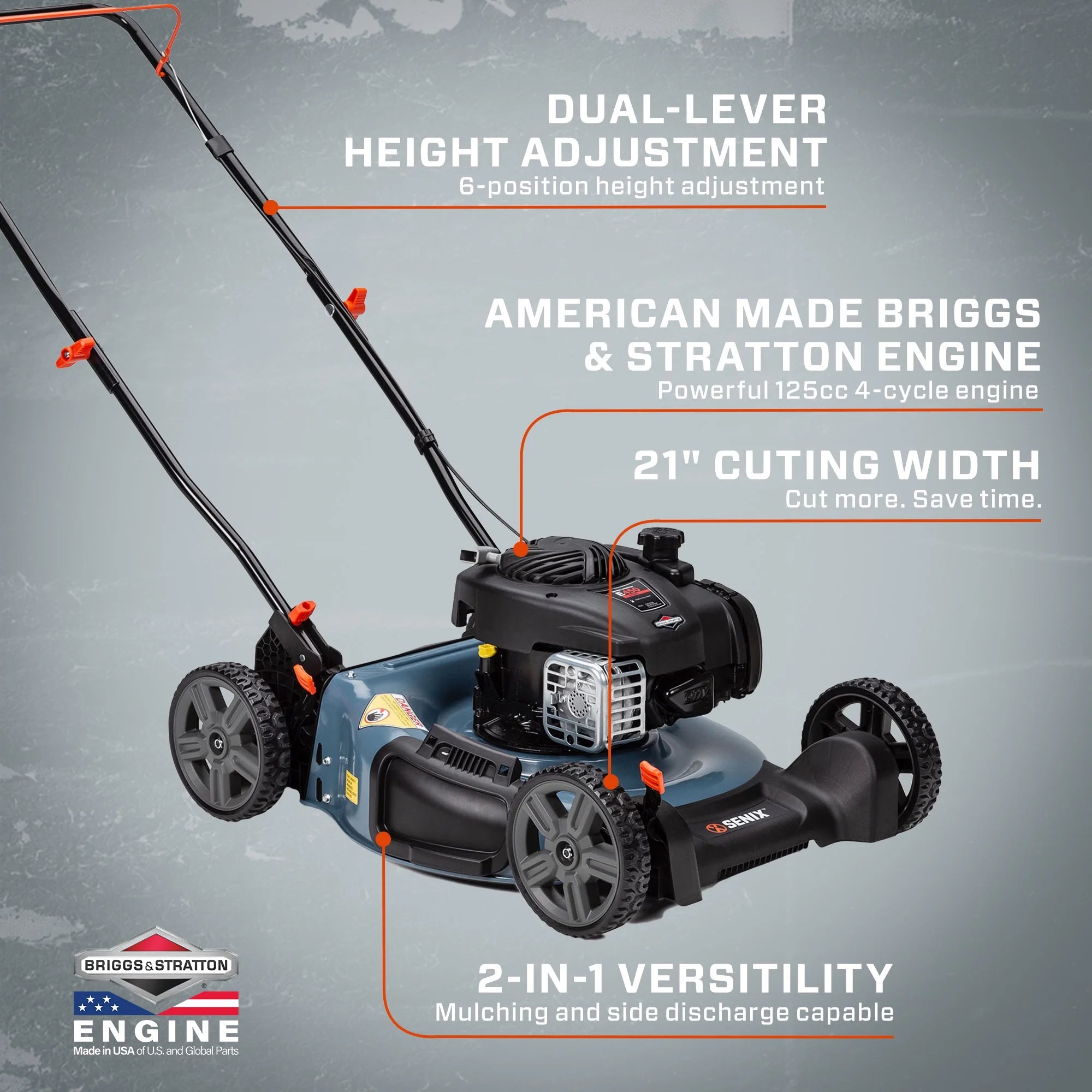 SENIX 21-Inch Push Lawn Mower, 125 cc 4-Cycle Gas Powered, Mulch & Side Discharge, Dual Lever Height Adjustment, LSPG-M3