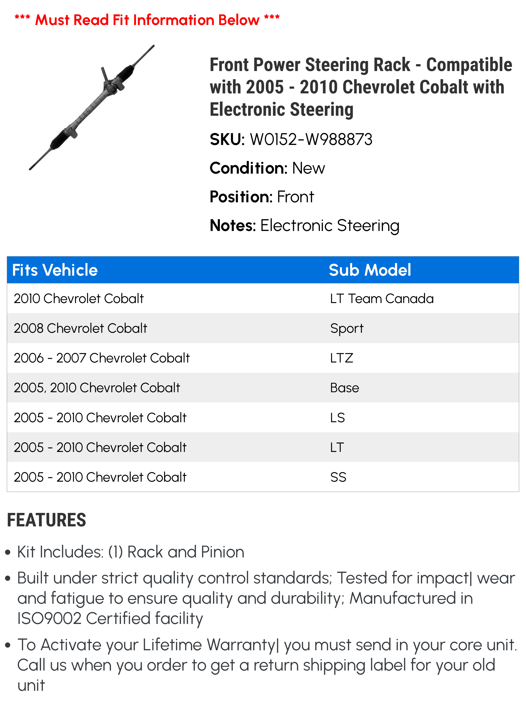 Front Power Steering Rack - Compatible with 2005 - 2010 Chevy Cobalt with Electronic Steering 2006 2007 2008 2009