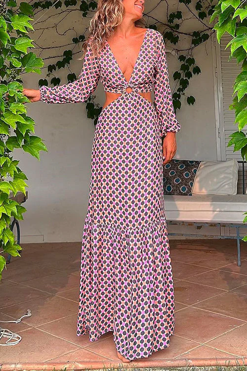 Plunge Neck Tie Back Cut Out Maxi DressClistos