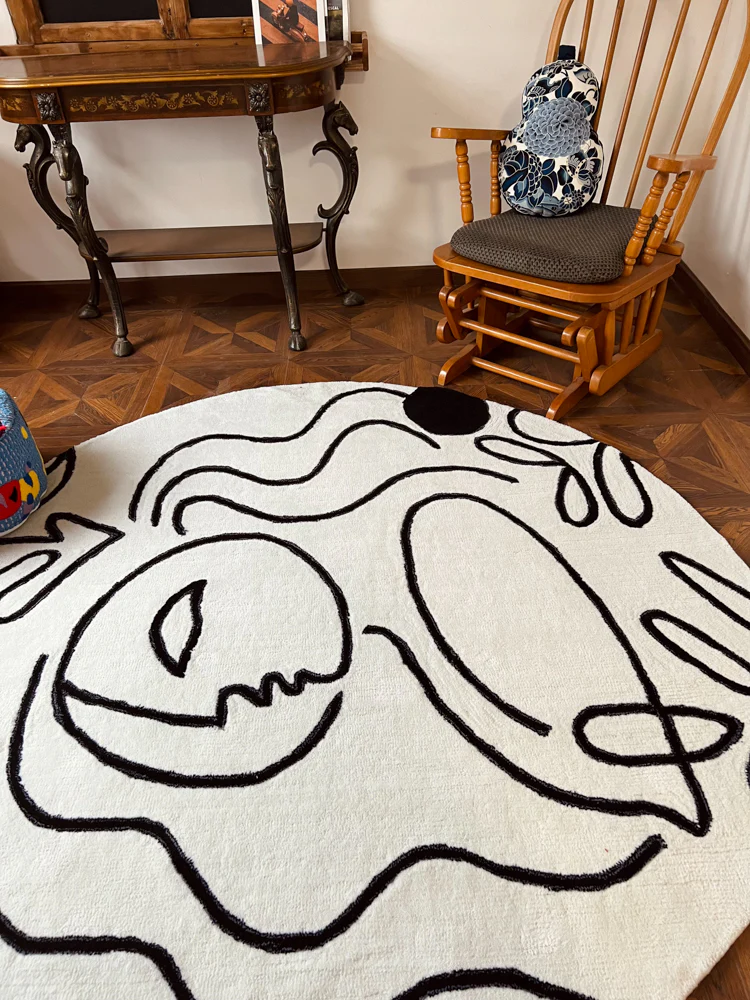CP001-5 - Picasso Round Carpet Beverly Hills Customized Art Handmade Thick Black and White Minimalist Living Room Mat