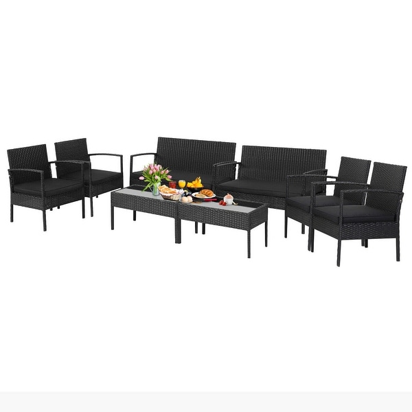 Gymax 8PCS Rattan Patio Conversation Set Outdoor Wicker Furniture Set