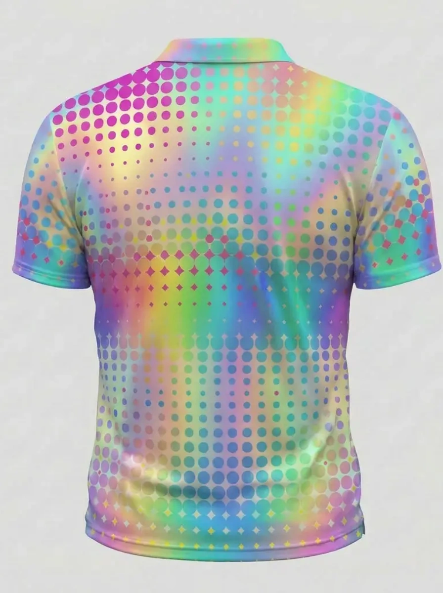 Moisture Wicking Golf Polo 3D Rainbow Gradient Dot Pattern Button Short Sleeve Golf Polo Shirt