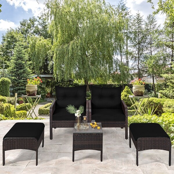 Gymax 5PCS Patio Set Sectional Rattan Wicker Furniture Set w/ Black