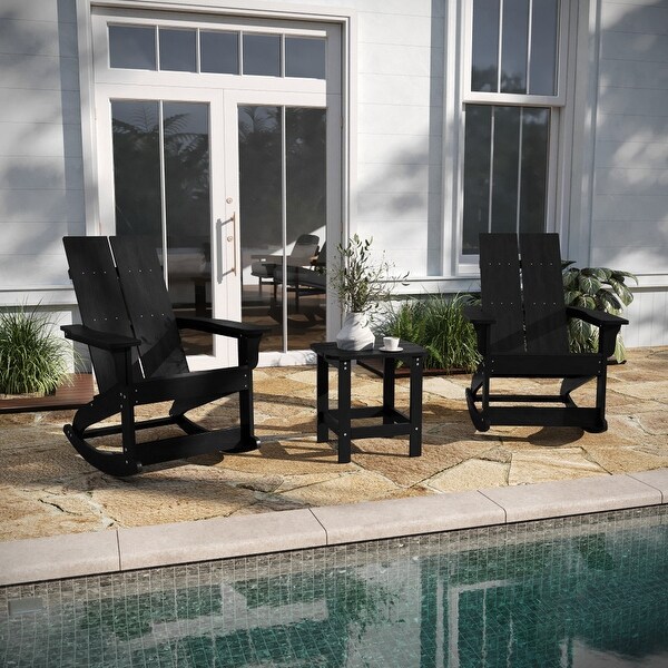 2 Modern Dual Slat Poly Resin Adirondack Rocking Chairs with Side Table