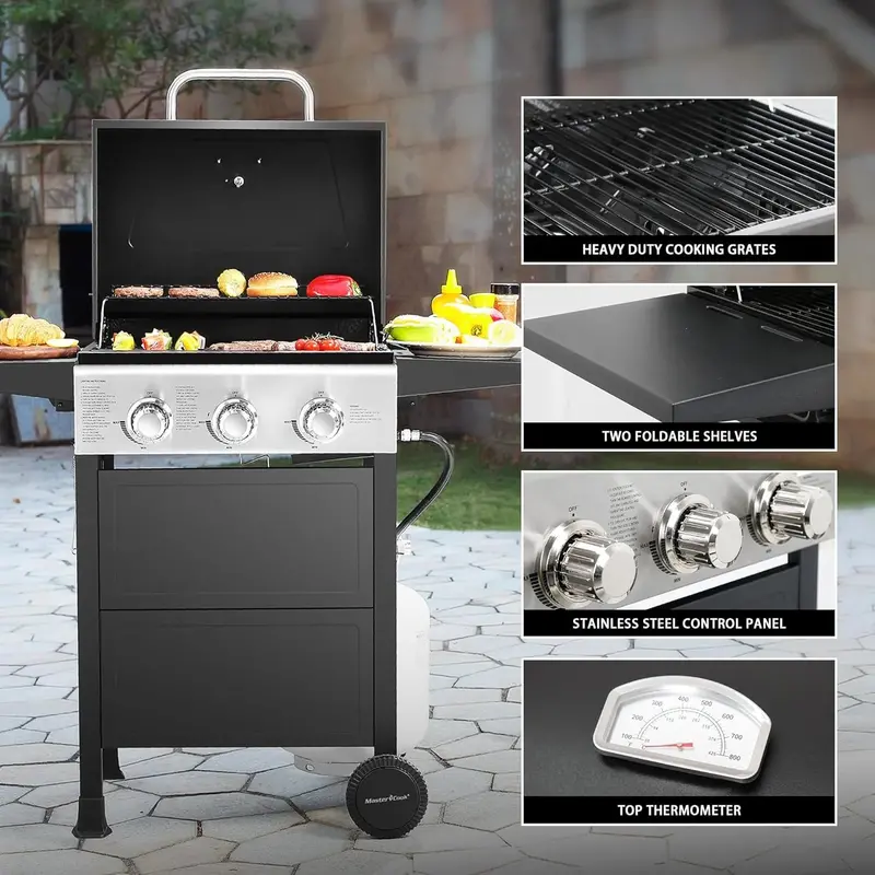 Stainless Steel Propane BBQ Grill – 30,000 BTU Patio Grill with Dual Foldable Side Shelves