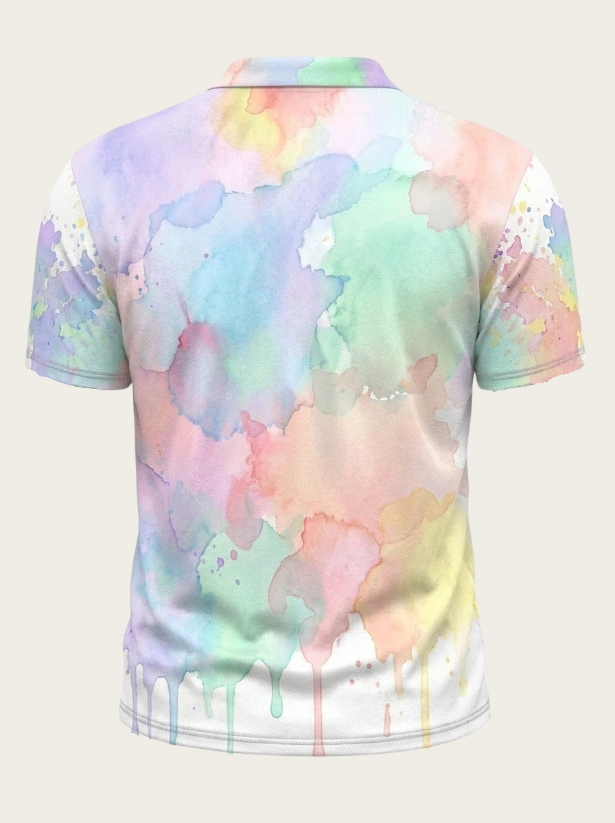 Moisture Wicking Golf Polo 3D Pastel Watercolor Drip Button Short Sleeve Golf Polo Shirt