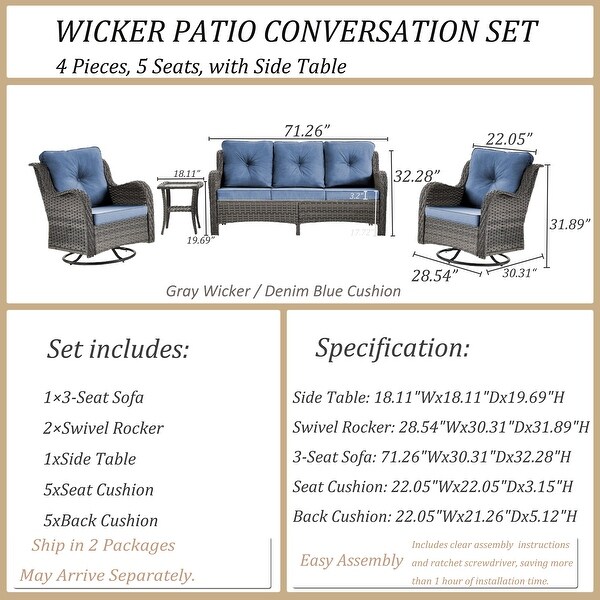 5 Seat Wicker Patio Furniture Conversation Setting with High Back Swivel Rocking Chairs,Cushions Included 🎃