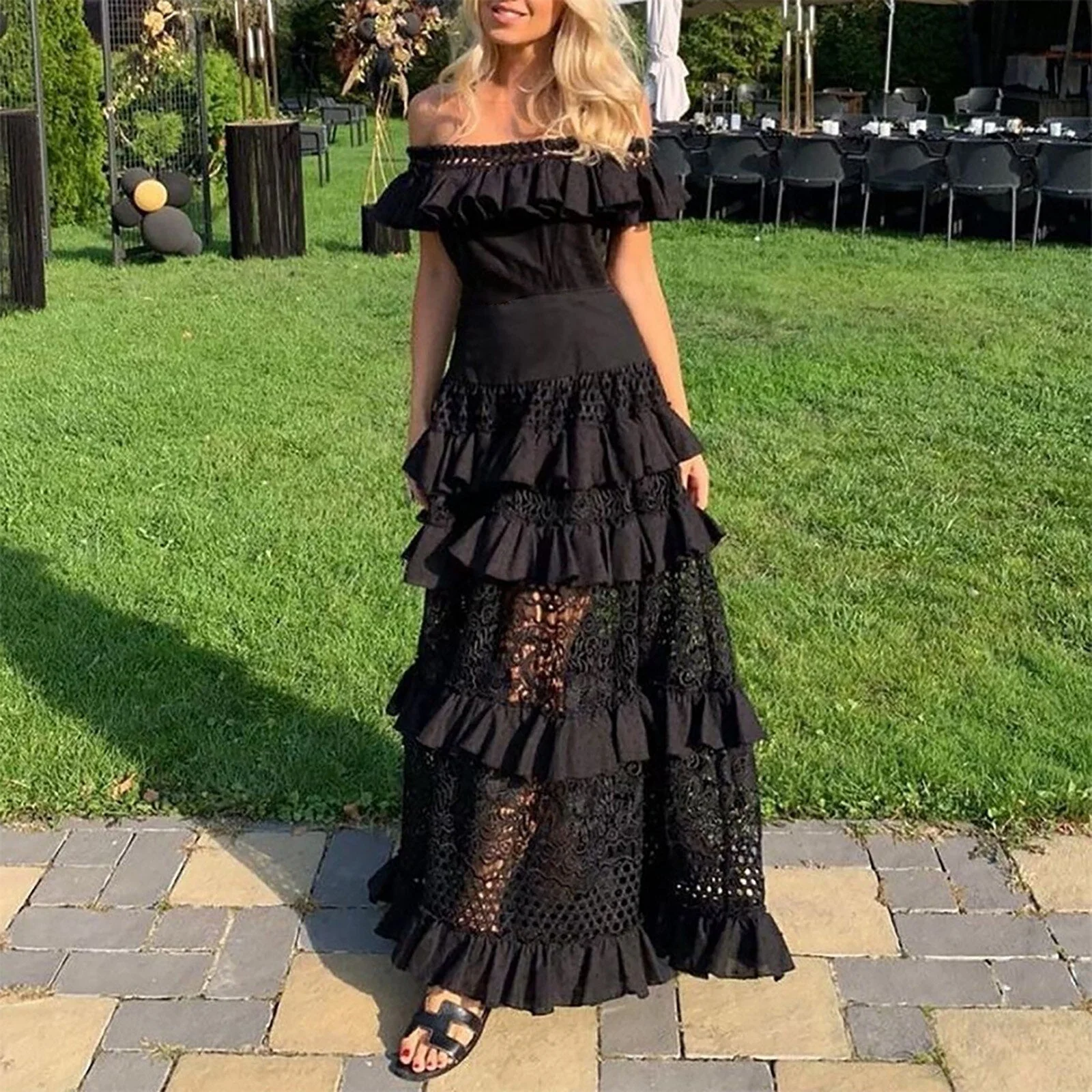 Elegant Off-Shoulder Lace Maxi DressClistos