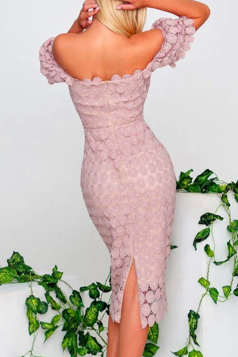 Elegant Lace Square Neck Puff Sleeve Midi DressClistos