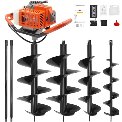 72CC Newly Upgraded Post Hole Digger Gas Powered, 2 Stroke Auger Post Hole Digger with 2 Drill Bits (6
