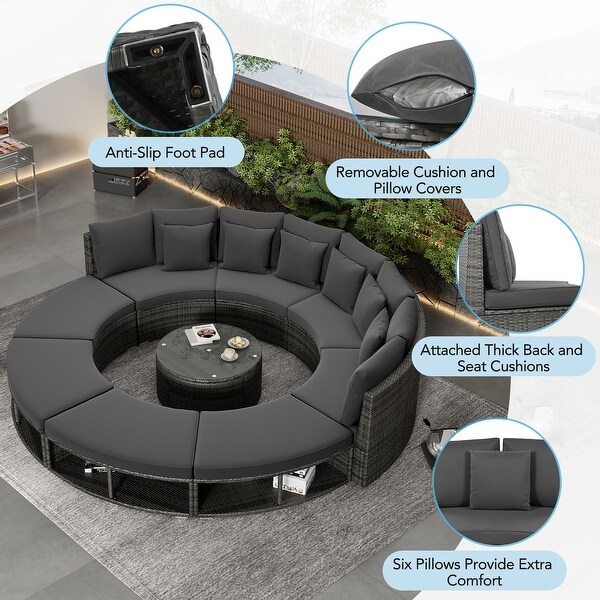 Circular Sectional Spacious Rattan Wicker Patio Furniture Set with Tempered Glass Coffee Table and 6 Pillows