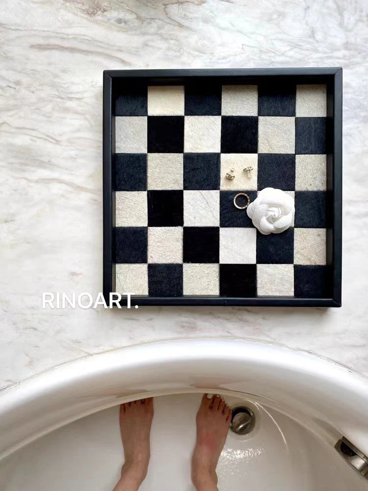 DC058 - Used CH@NE* black and white checkerboard horsehair tray foyer desktop storage jewelry tray