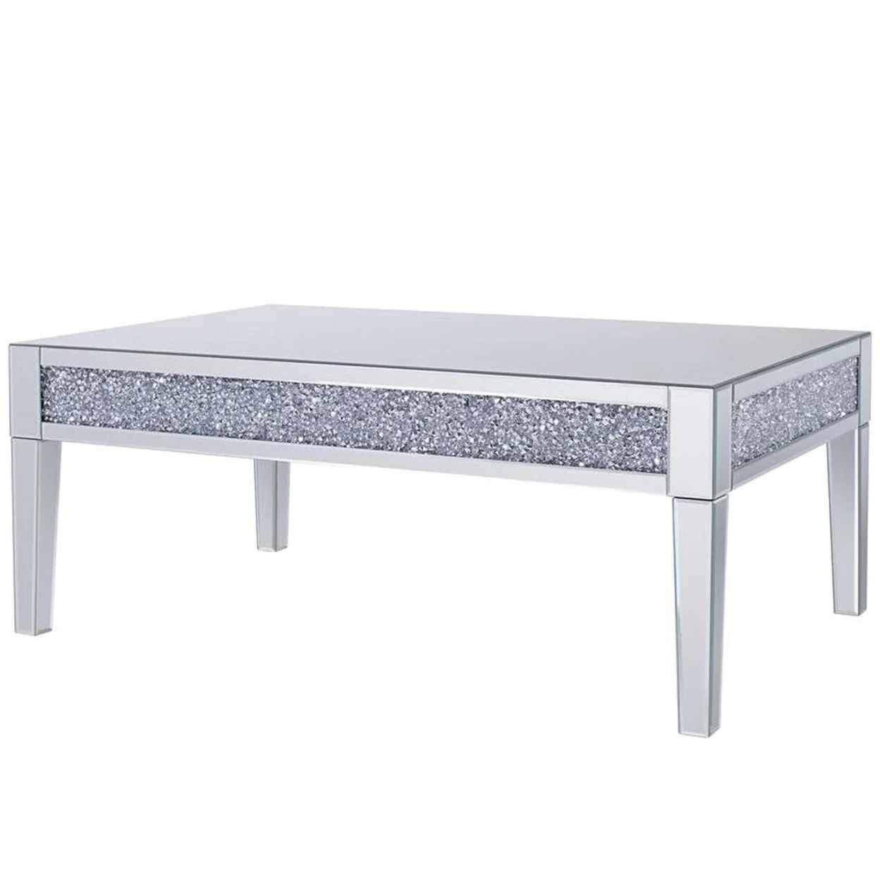 Wood and Mirror Coffee Table with Faux Crystals Inlay Clear- Saltoro Sherpi