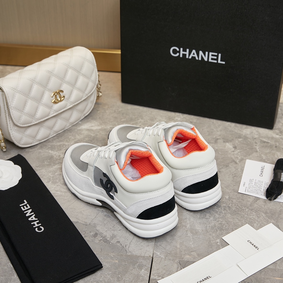 Chanel Suede And Leather Cc Low Top Sneakers White Orange