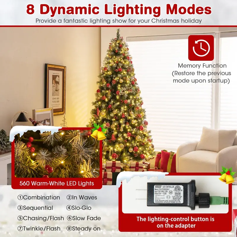 Pre-Lit Christmas Tree with 8 Light Modes – Adjustable Brightness & Timer