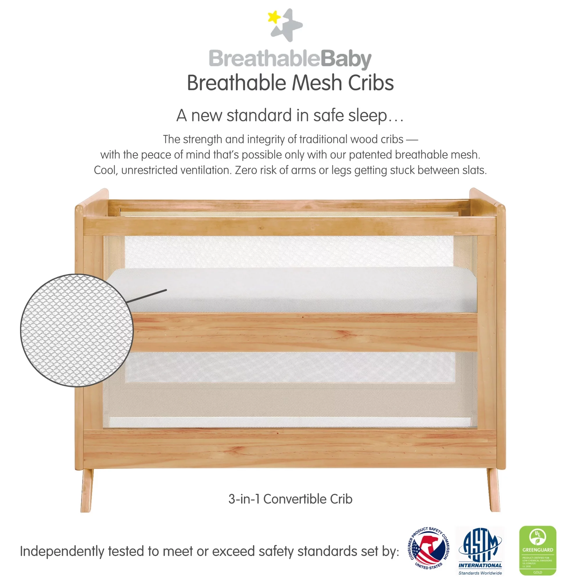 BreathableBaby Breathable Mesh 3-in-1 Convertible Crib, Beech, Greenguard Gold Certified