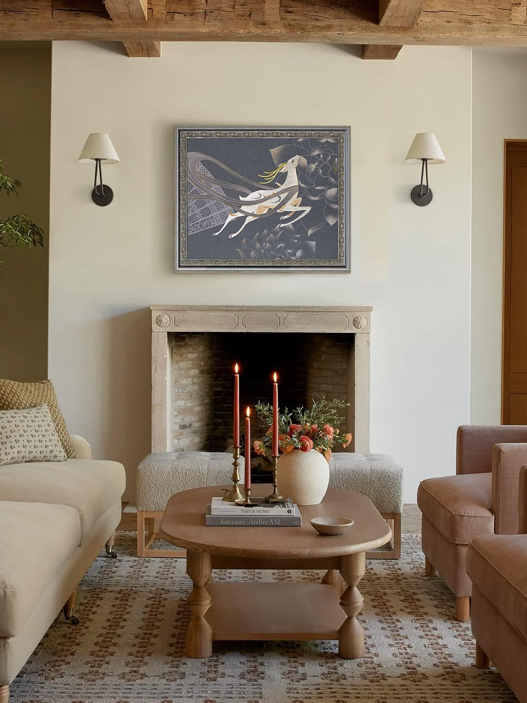 AH238 - 3D Embroidery Deer Wish Good Luck Antique Frame Living Room Wall Art