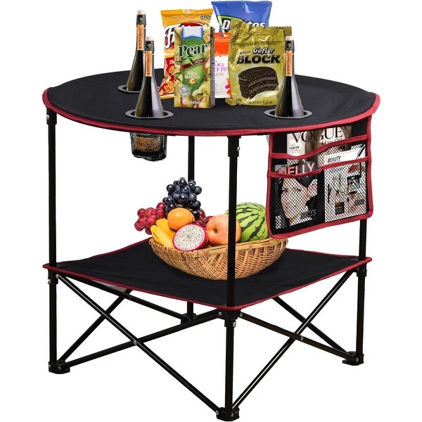 Folding Camping Table with 4 Cup Holders With Side Storage Bag,Black+red