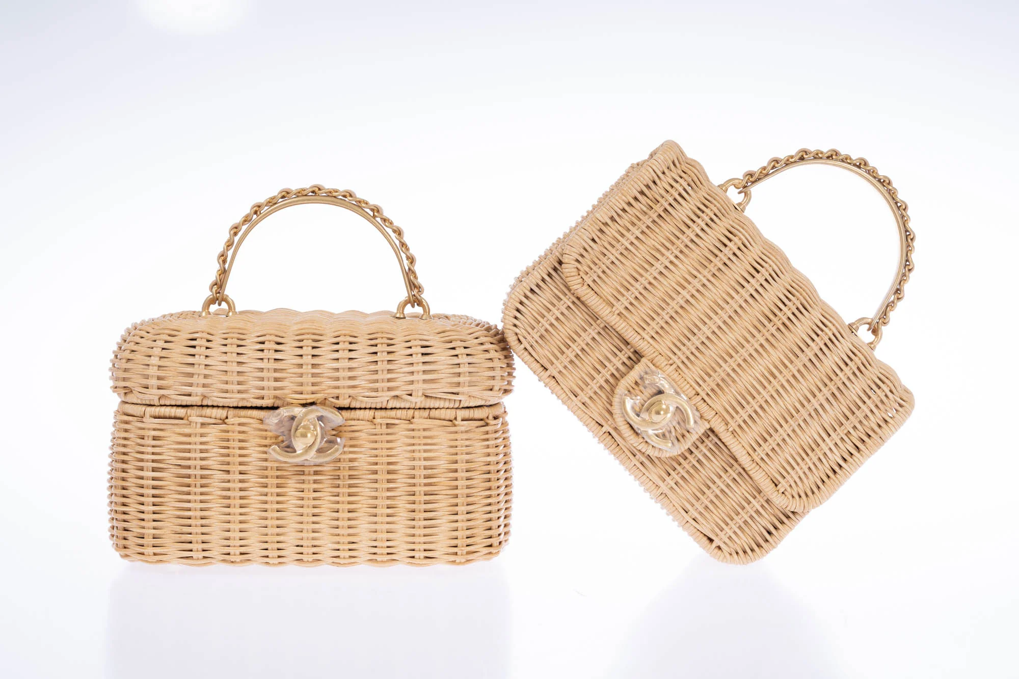 Chanel Mini Flap Bag with Top Handle Beige Braided Rattan Gold-Tone Hardware