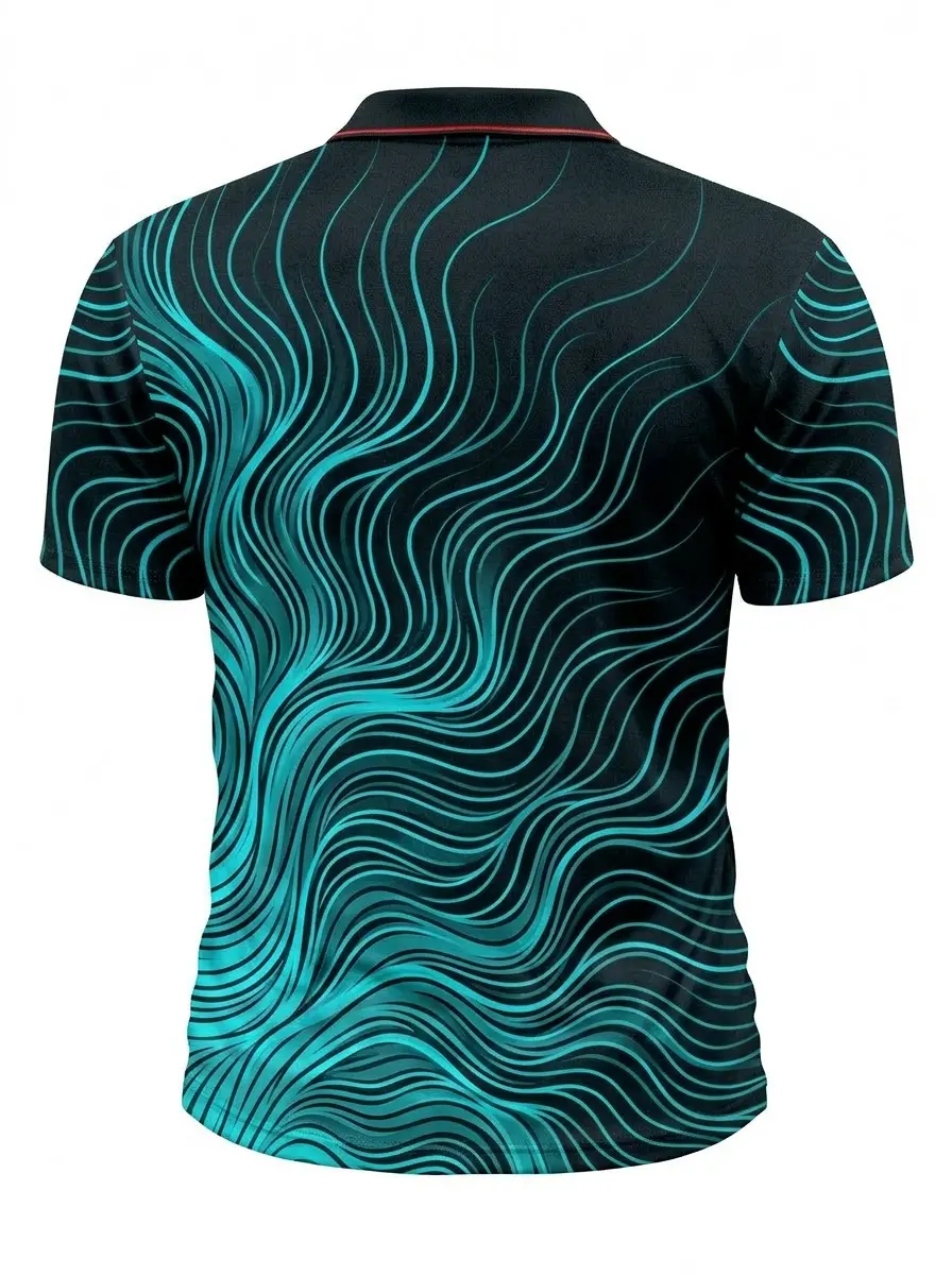 Moisture Wicking Golf Polo 3D Black Teal Wavy Stripe Button Short Sleeve Golf Polo Shirt