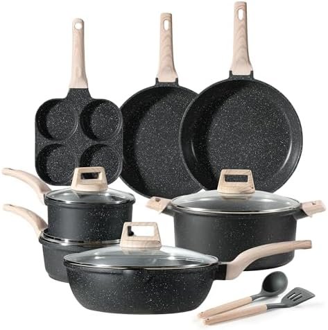 21pcs Pots and Pans Set Nonstick, Cookware Set Black Granite Induction Kitchen Cooking Set w/Frying Pans & Saucepans(PFOS, PFOA Free)