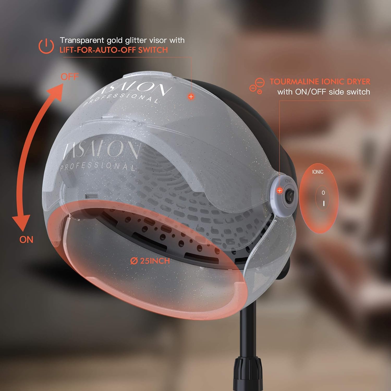 Hooded Dryer - 1875W Bonnet Hair Dryer - Sit Under Hair Dryer for Home and Salon - Auto Hair Dryer Hood with 3 temperature settings - Standing Hair Dryer - Portable Hair Dryer