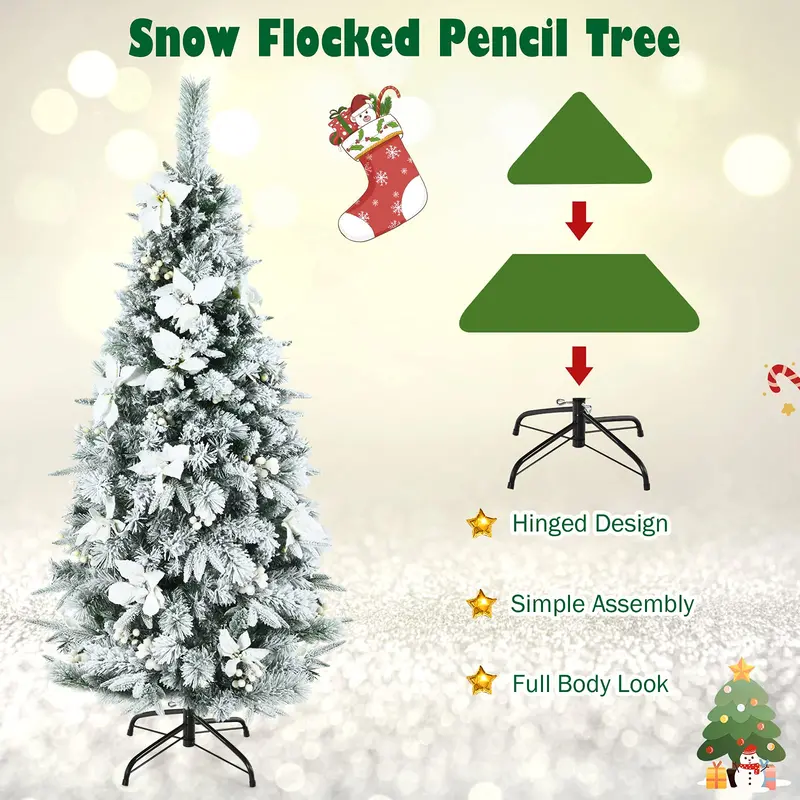 Slim Snow-Flocked Pencil Christmas Tree with White Berries – Hinged Artificial Xmas Tree