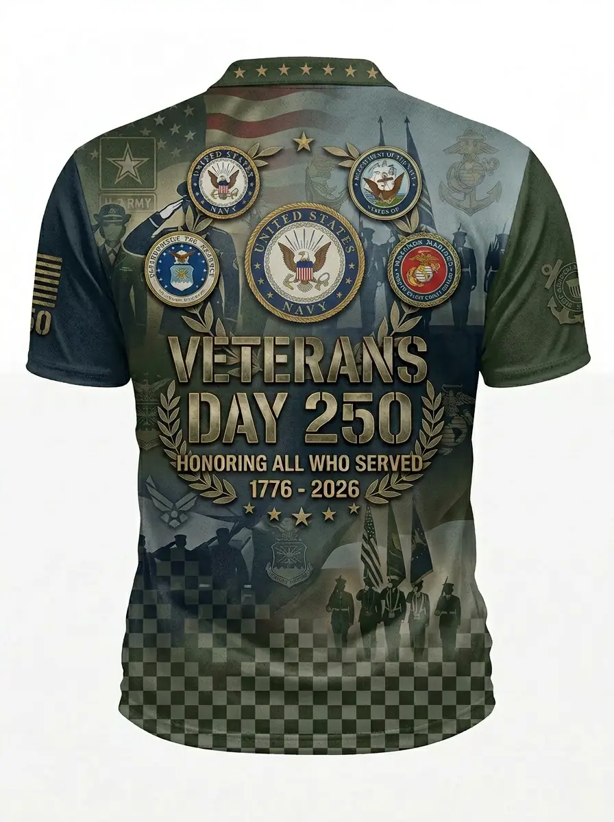 Moisture Wicking Golf Polo 3D Veterans Day 250 Military Tribute Button Short Sleeve Golf Polo Shirt