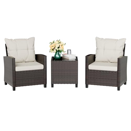 Vongrasig 3 Piece Patio Furniture Set Small Outdoor Wicker Rattan Front Porch Bistro Set Cushioned Patio Chairs Conversation Set with Glass Table for Lawn, Garden, Backyard, Balcony, Poolside (Beige)