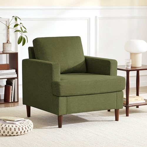 Mid-Century Accent Chair,Modern Linen Fabric Armchair for Living Room,Comfy Upholstered Reading Accent Chairs for Bedroom,Single Sofa Chair with Wood Legs (Beige, 1 Pack)