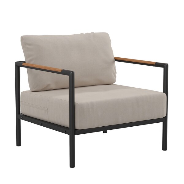 Aluminum Frame Patio Chair with Teak Arm Accents and Plush Cushions