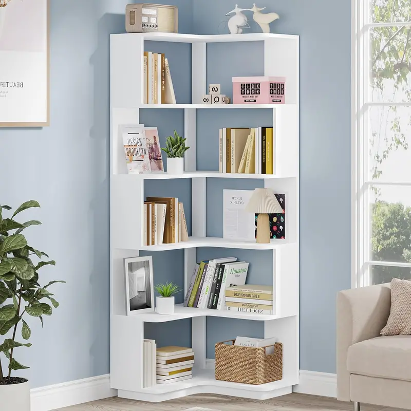 Tribesigns Corner Bookshelf – 6-Tier Freestanding Tower with Anti-Tip Panel, Space-Saving Display Rack for Home Office or Living Room (White, 64.9″H)