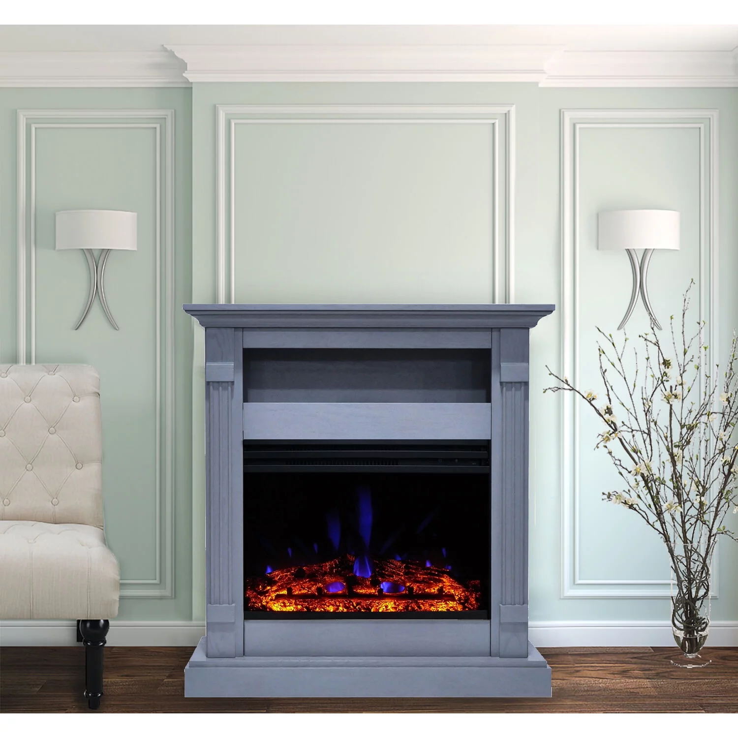 Cambridge Sienna 34-In. Electric Fireplace Heater with Slate Blue Mantel, Enhanced Log Display, Multi-Color Flames, and Remote Control