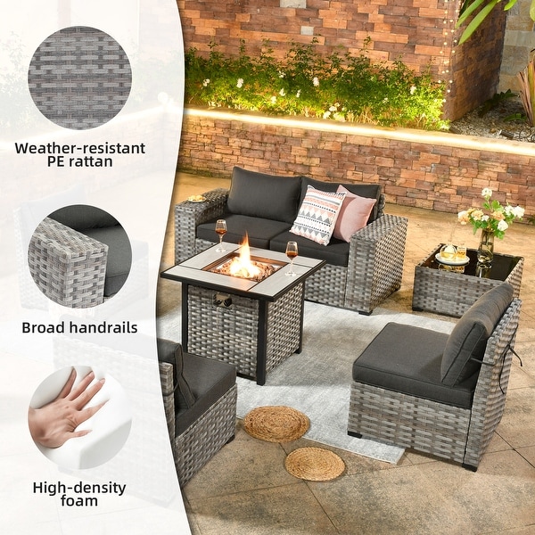 OVIOS Patio Wicker Furniture Wide Arm 7piece Fire Pit Set with Table