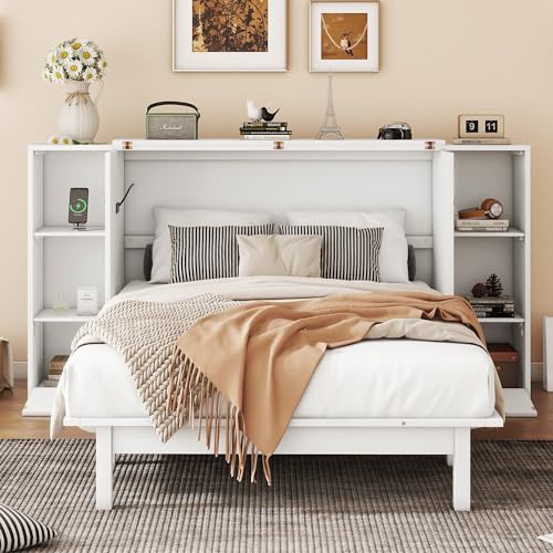 Queen Size Murphy Wall Bed with Storage, Bookcase Headboard, Solid Wood Cabinets, Shelves, Drawers and USB Ports, Multi-Function Platform Bed for Home Office, Guest Room (White)