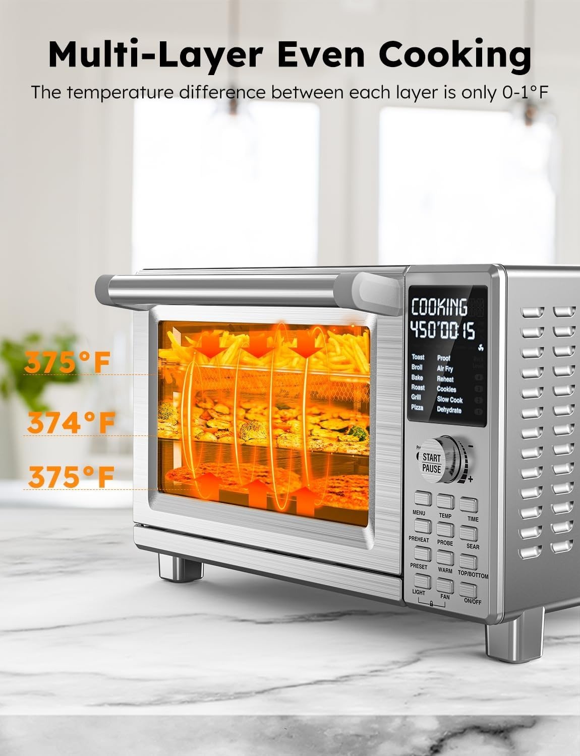 30QT 12-in-1 Air Fryer Toaster Oven, 100% Super Convection, 100 Presets, Smart Probe, 50-500°F, PFAS-Free, Brushed Stainless Steel