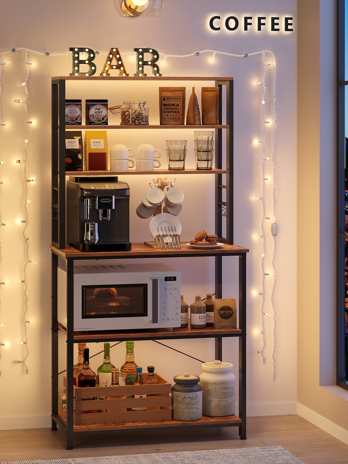 VASAGLE Baker’s Rack, Microwave Oven Stand, Rustic Brown and Black