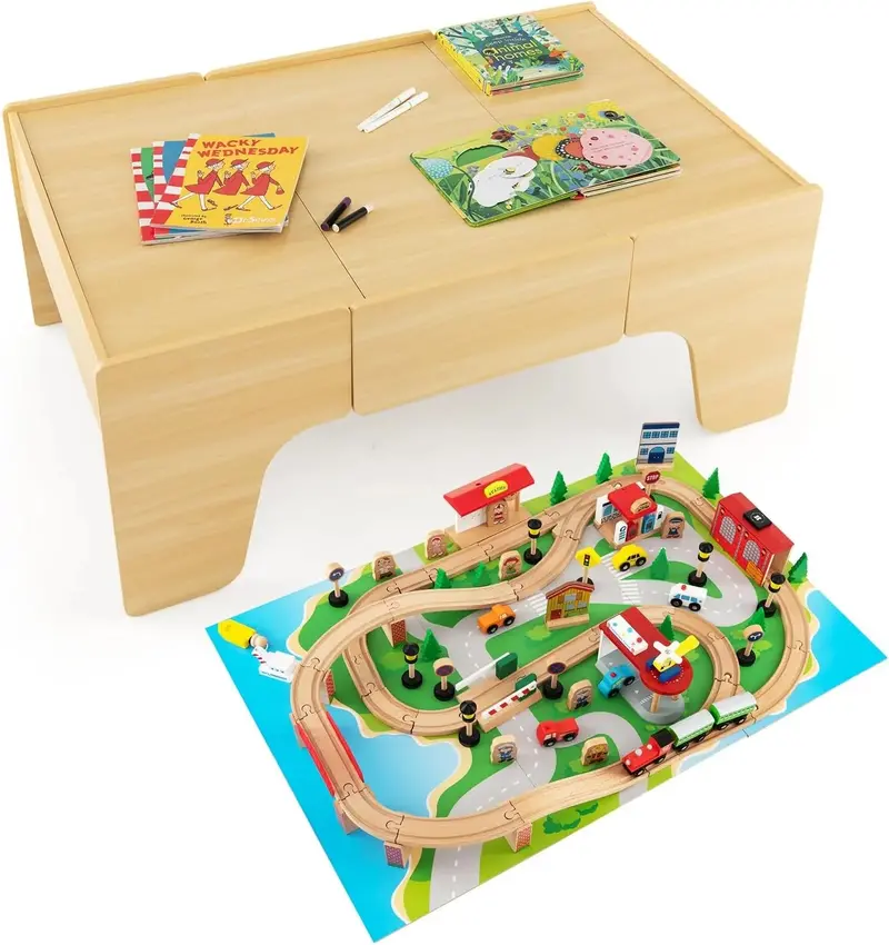 Wooden Dual-Activity Kids’ Table with Flip-Up Top & Built-In Storage – 100-Piece Train Set Featuring Tracks, Cars, and Accessories for Ages 3+
