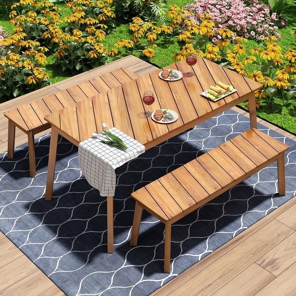 3 Pieces Acacia Wood Outdoor Patio Dining Set with 2 Benches,Picnic Beer Table