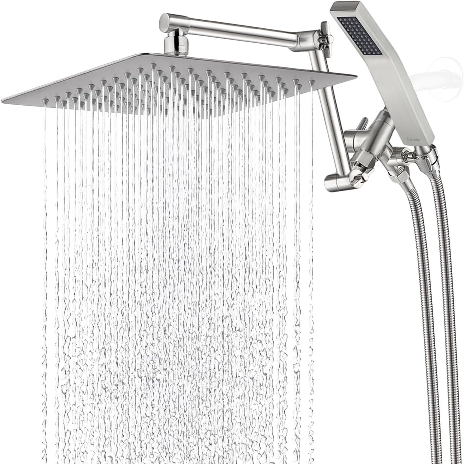 10-Inch Square Rainfall Dual Shower Head Combo, All-Metal Handheld with 13′′ Extension Arm (Brushed Nickel)