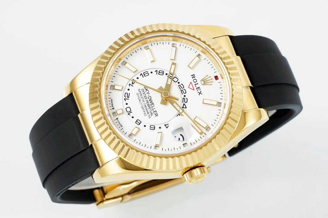 Rolex Sky-Dweller 42mm Gold Case White Dial Rubber Strap