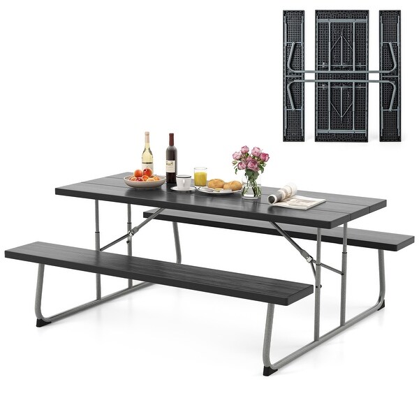 Folding Picnic Table Set with Metal Frame and AllWeather HDPE Tabletop,Umbrella Hole